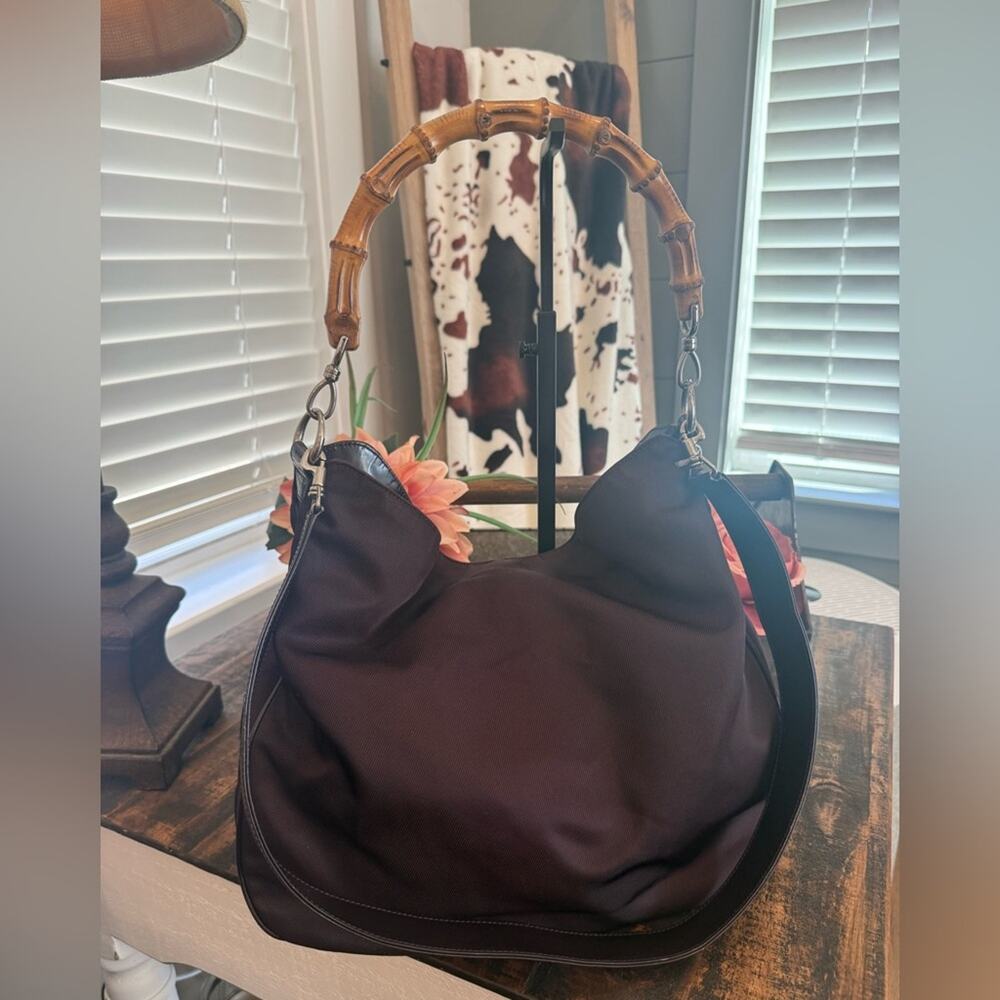 Gucci Vintage Plum Nylon & Leather Bamboo Shoulder Bag 00115531577